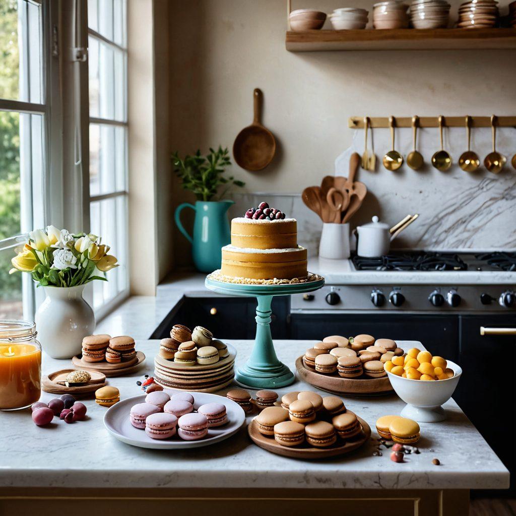 An inviting kitchen scene showcasing a variety of freshly baked desserts, including an elegant cake, colorful macarons, and a tray of cookies. The workspace is adorned with baking tools like whisks and rolling pins, and flour dust floats in the air, adding a magical touch. A large cookbook opens to a vibrant recipe page, emphasizing the journey from dough to dessert. Warm natural light floods the space, enhancing the cozy atmosphere. super-realistic. warm tones. 3D.