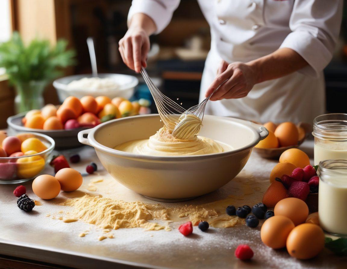A vibrant kitchen scene showcasing a chef expertly mixing batter in a bowl, surrounded by colorful ingredients like eggs, flour, and fruits. In the background, a cookbook with an open page featuring a delicious cake recipe, and a whisk in motion capturing the essence of culinary creativity. Warm lighting enhances the inviting atmosphere, making it feel cozy and inspiring. super-realistic. vibrant colors. warm tones.