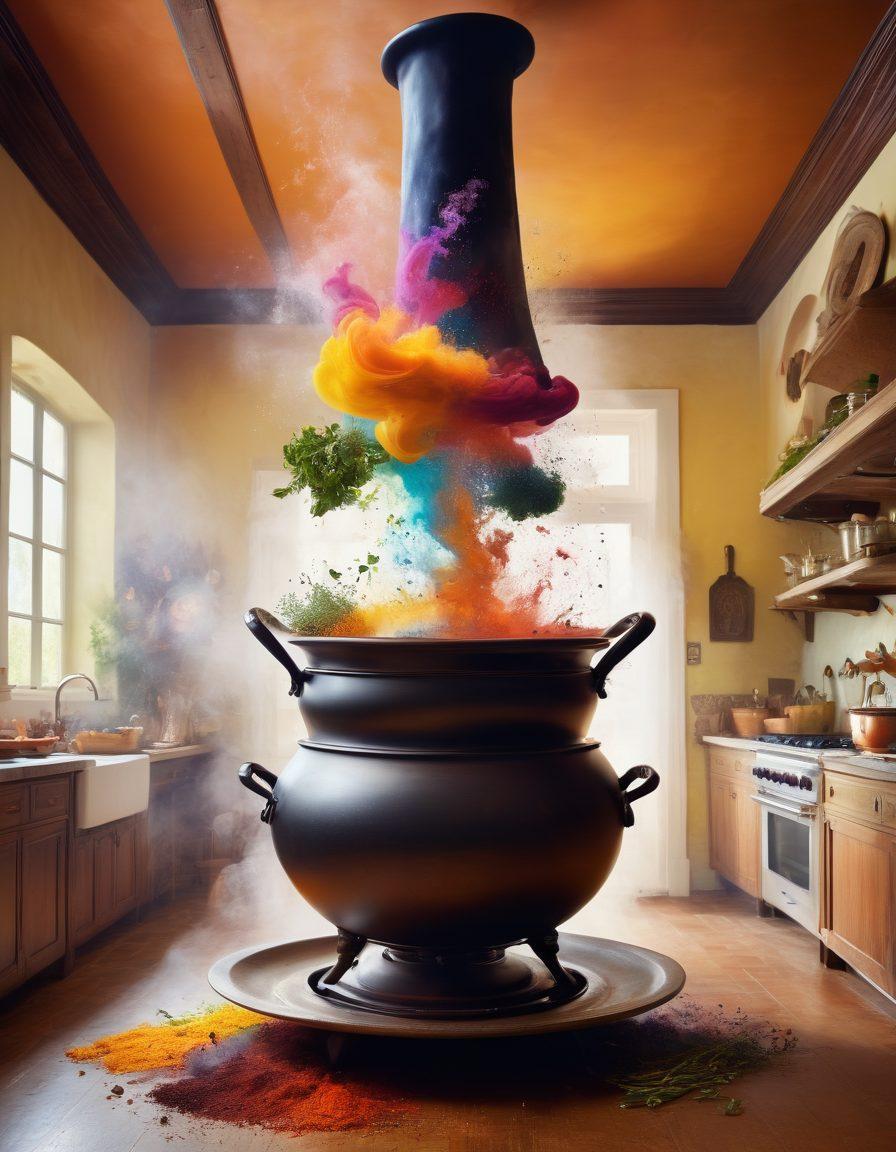 A whimsical kitchen scene with a chef in a tall hat blending colorful ingredients in a cauldron, radiant steam rising in artistic swirls, luxury plates adorned with gourmet dishes scattered around, fresh herbs and spices flying through the air, and playful kitchen utensils magically levitating. vibrant colors. super-realistic. whimsical art.